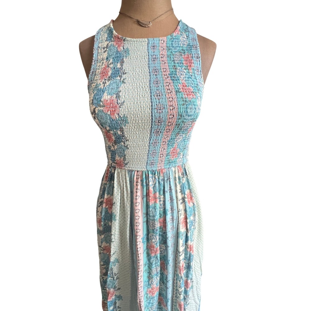 Matilda Jane Floral Patchwork Smocked Midi Dress Blue Pink S Tback boho cottage - Picture 2 of 13